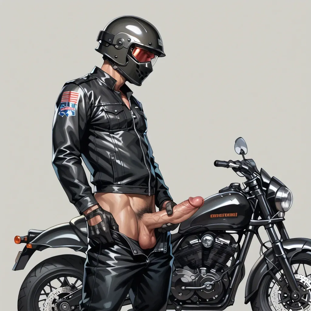 1 boy, motorbike helmet, big dick, dick, balls, penis hair, gloves, pants, standing, detailed, grey background