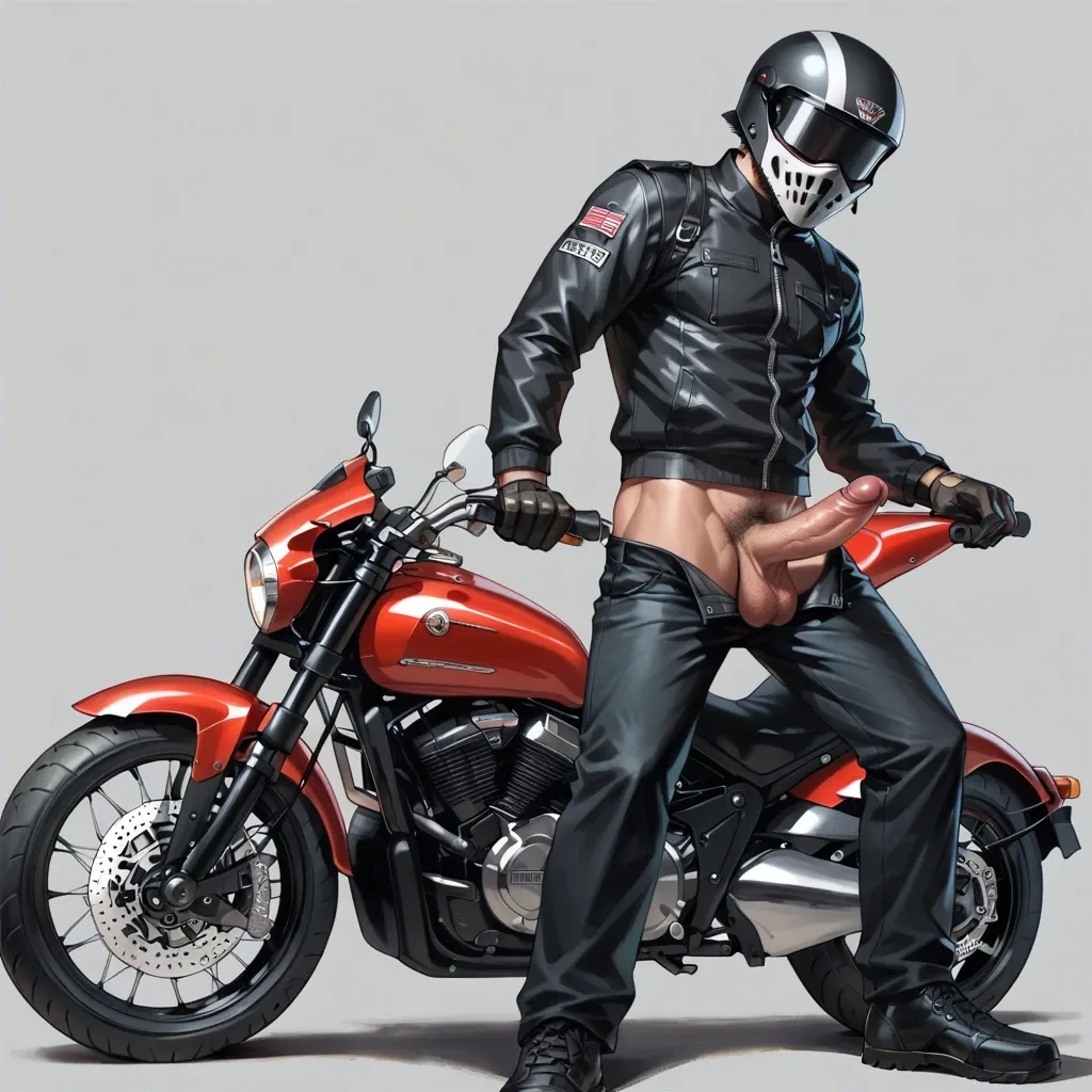 1 boy, motorbike helmet, big dick, dick, balls, penis hair, gloves, pants, standing, detailed, grey background