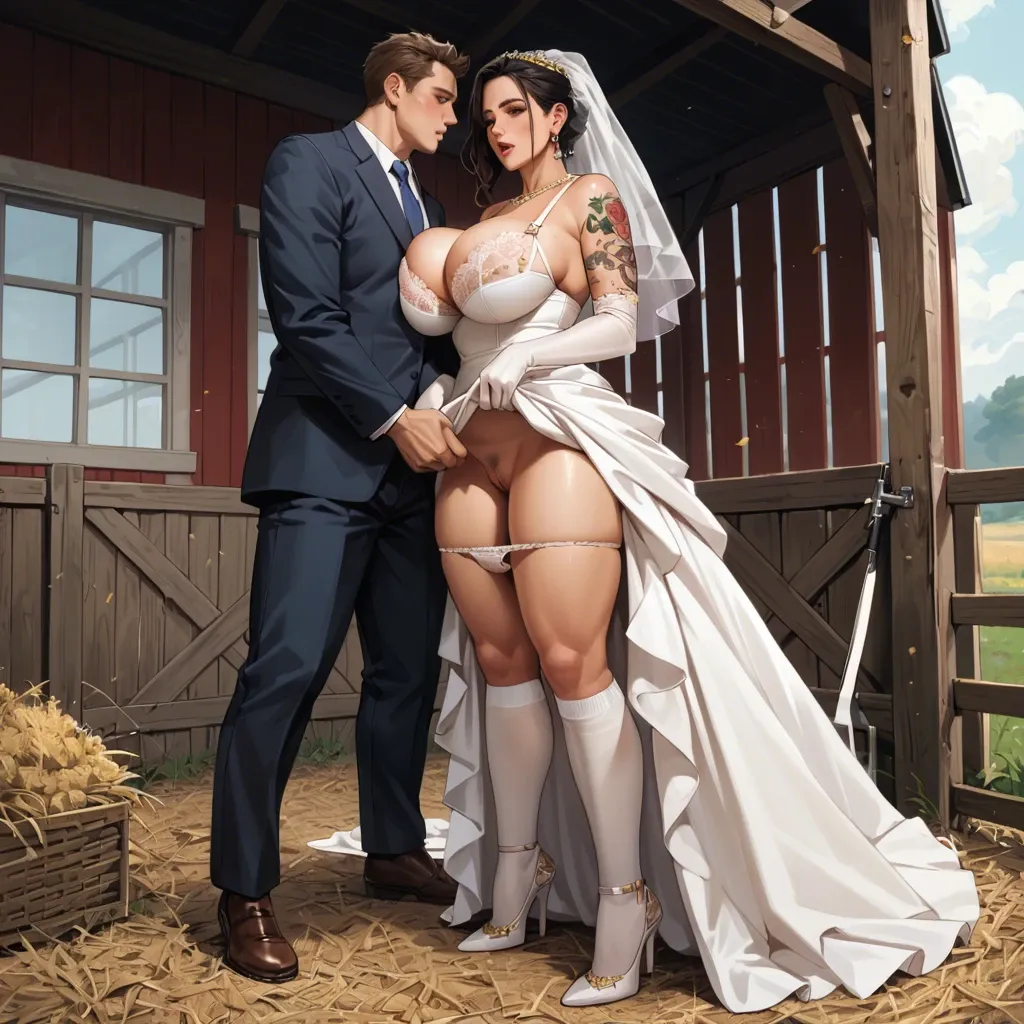 1girl,1boy, , , , eye catching,arms tattooed,huge breast,farm background,golden necklace, white dress,white socks,long gloves,lace bra,heels, wedding dress,fishnets,cape,panties down,stiletto heels, embarrassed, sit on a couch, european girl, mario, spider-gwen, waifu, deep throat fucking