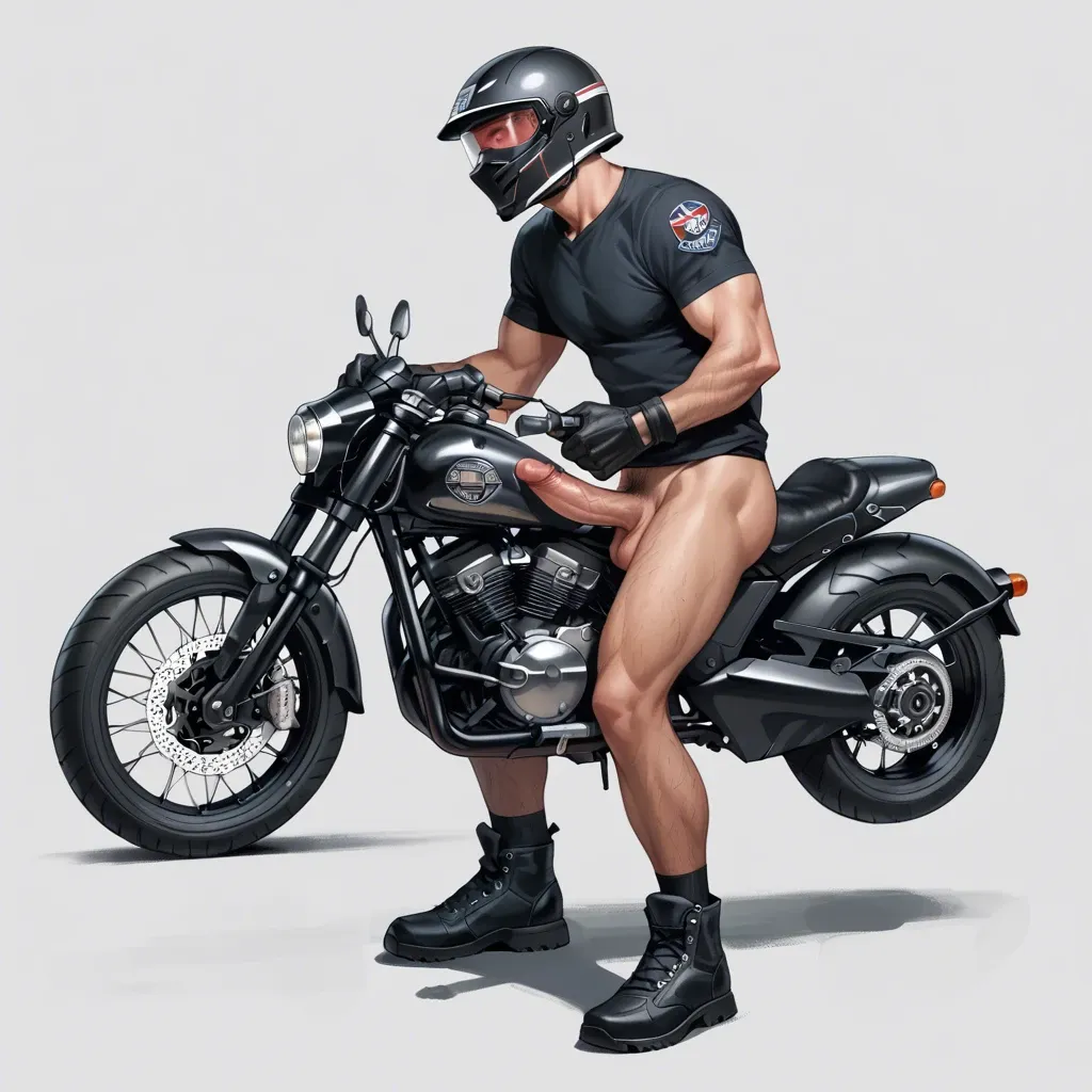 1 boy, motorbike helmet, big dick, dick, balls, penis hair, gloves, pants, standing, detailed, grey background