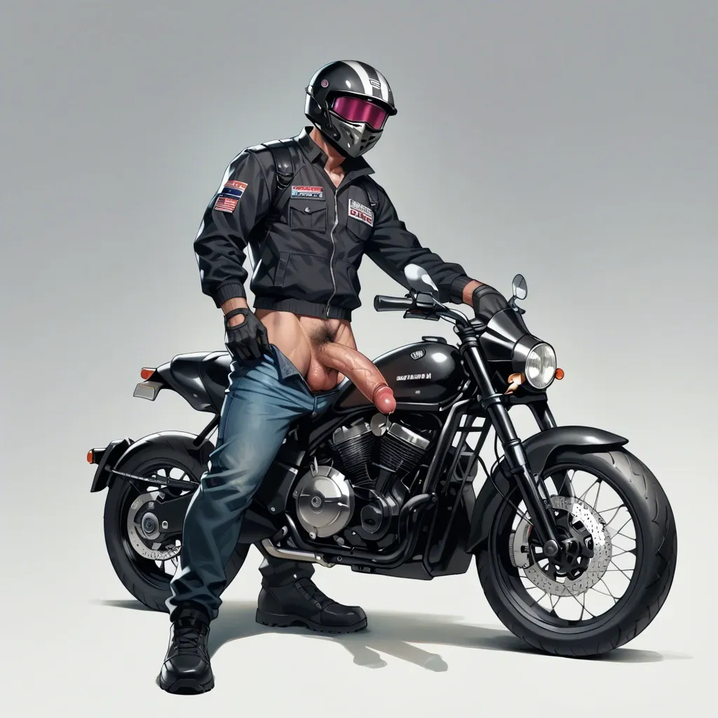 1 boy, motorbike helmet, big dick, dick, cock, balls, penis hair, gloves, pants, standing, detailed, grey background