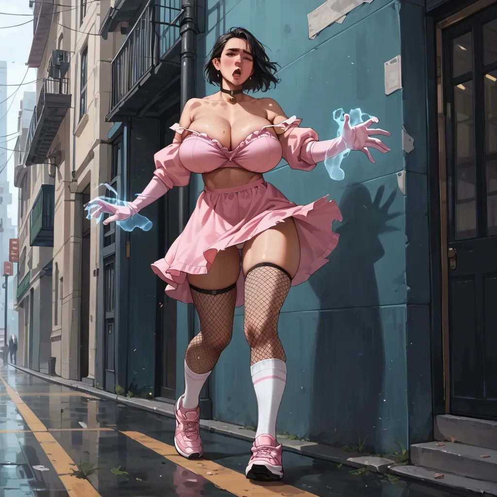 1girl,solo, , , , high nose,ghost hand,huge breast,love handles,off shoulders, dress,baggy socks,bell choker,open torn bra,running shoes, pink crop top,fishnets,long gloves,panties aside,black boots, mini skirt,torn thighhighs,belt,blue bra,heels, bare navel, sparkles, cyberpunk, sitting on desk, mario and luigi