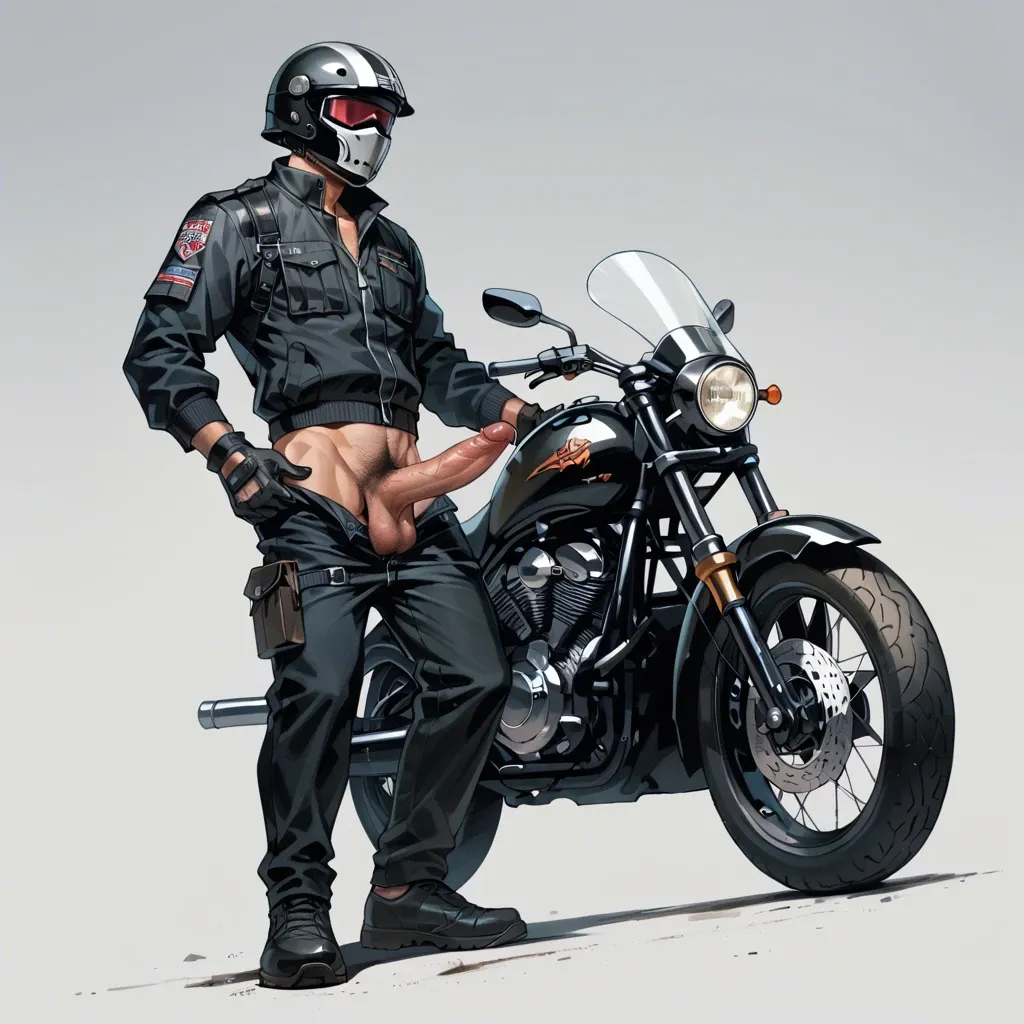 1 boy, motorbike helmet, big dick, dick, cock, balls, penis hair, gloves, pants, standing, detailed, grey background