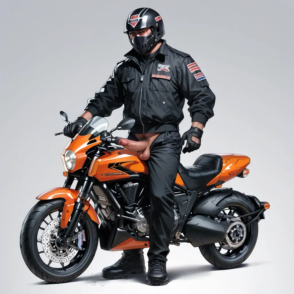 1 boy, motorbike helmet, big dick, dick, balls, penis hair, gloves, pants, standing, detailed, grey background