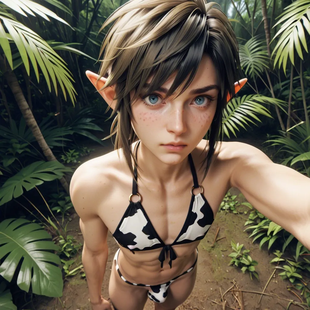 1femboy,3d,link black hair,black hair link,black hair,freckles,adorable,girly male,jungle,skinny,awe ,standing,miniboy, link black hair,high-angle selfie,cow uniform