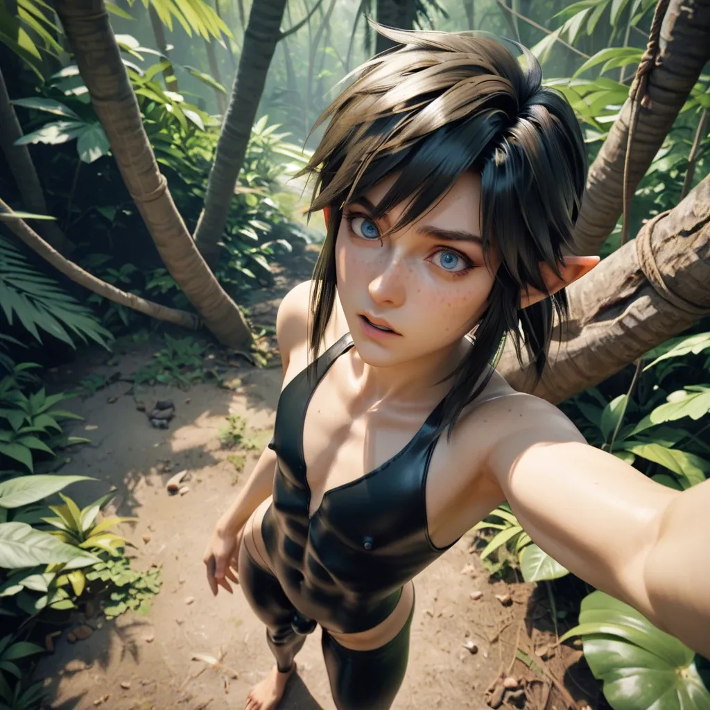 1femboy,3d,link black hair,black hair link,black hair,freckles,adorable,girly male,jungle,skinny,awe ,standing,miniboy, link black hair,high-angle selfie,cow bodysuit