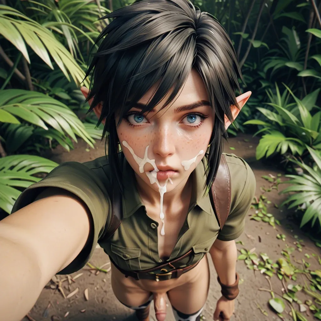 1femboy,3d,link black hair,black hair link,black hair,freckles,adorable,girly male,jungle,skinny,awe ,standing,miniboy, link black hair,high-angle selfie,cow uniform,cum in face