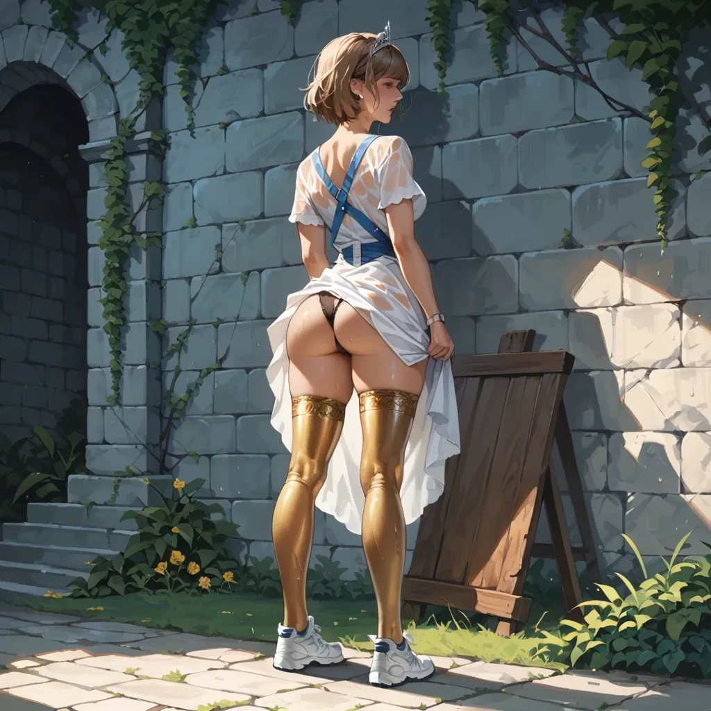 1girl,solo, , , , eyes open,warm,huge boobs,back,aqua necktie, wet shirt,gold stockings,silver tiara,black thong,white sneakers, barbara, max caulfield, medieval dress, source anime, backlit, princess peach, spider-gwen, ayanami