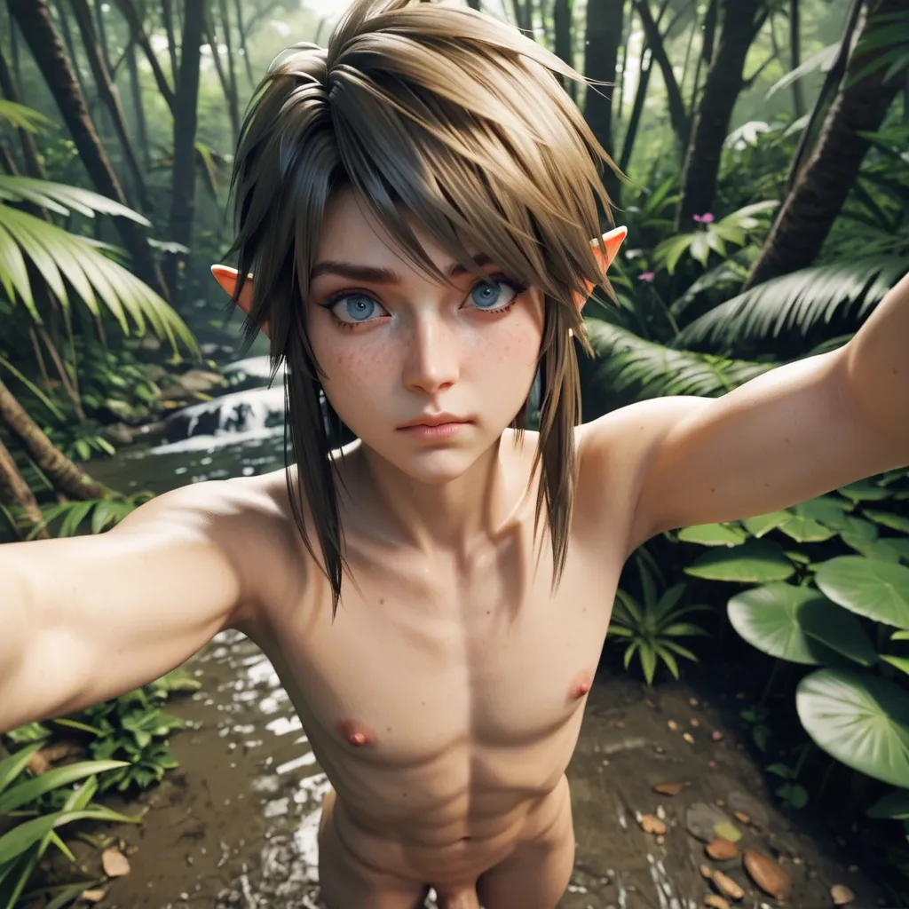 1femboy,3d,link black hair,black hair link,black hairstyle,freckles,adorable,girly male,jungle,skinny,awe ,standing,miniboy, link black hair,high-angle selfie,