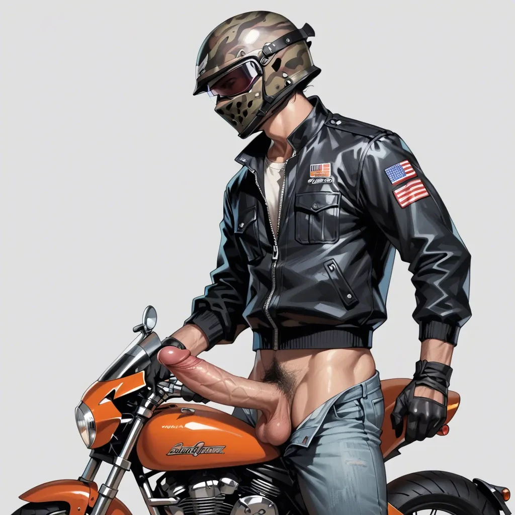 1 boy, motorbike helmet, big dick, dick, cock, balls, penis hair, gloves, pants, standing, detailed, grey background