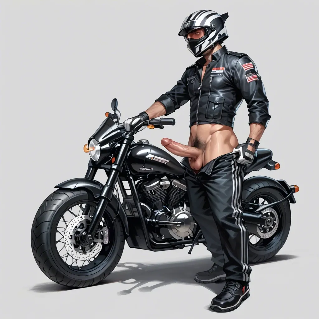 1 boy, motorbike helmet, big dick, dick, balls, penis hair, gloves, pants, standing, detailed, grey background