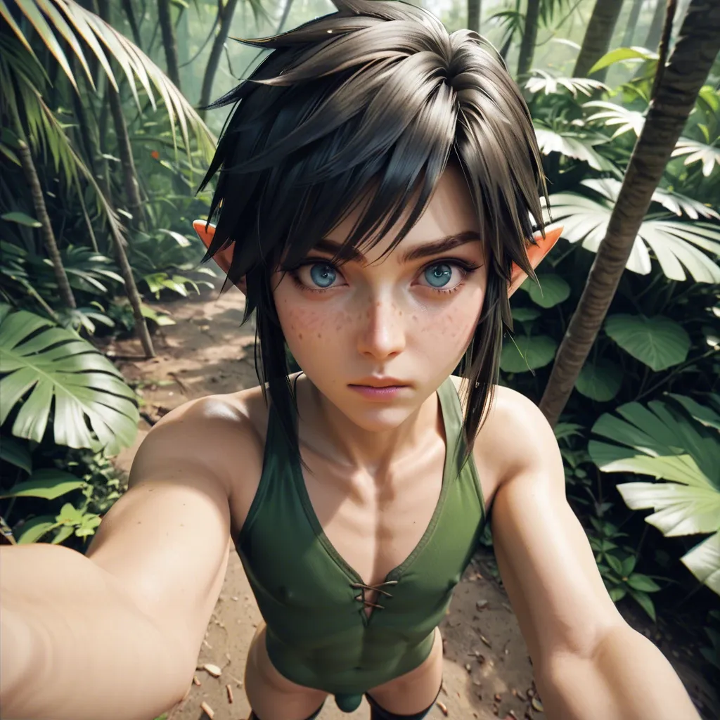 1femboy,3d,link black hair,black hair link,black hair,freckles,adorable,girly male,jungle,skinny,awe ,standing,miniboy, link black hair,high-angle selfie,cow bodysuit