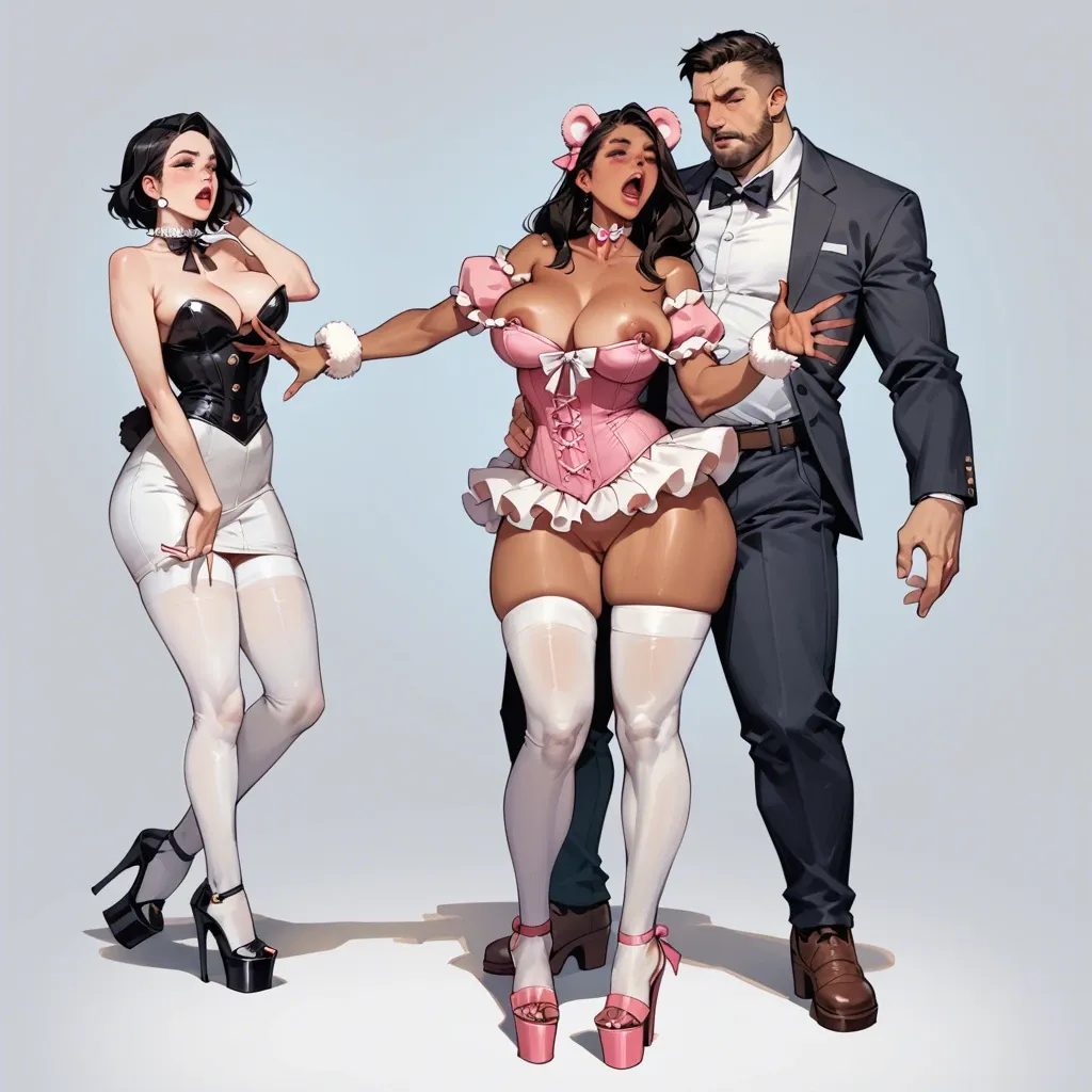 1girl,1boy, , , , touching body,platform heels,large breasts,thick hips,tanned, reaching out,normal feet,areolae slip,black fabric,man standing, bear costume,white stockings,ribbon choker,pink corset,strappy sandals, pulling shirt,black leggings,bracelets,micro bikini,heels, showering, sparkling, castle exterior, robot body, tifa, belle, waifu