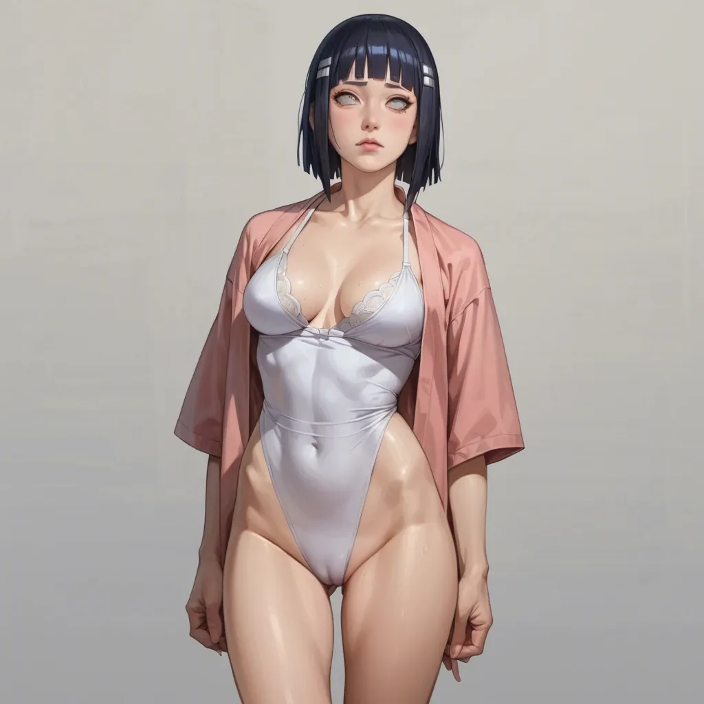 hinata refer from naruto anime series, perfect face, standing sexy post, medium breasts, tall girl, thin body, slim legs, Hinata of Naruto, wearing the clothes refer Hinata from Naruto anime series, Wear a full set of the clothes, face refer from Hinata from Naruto anime series