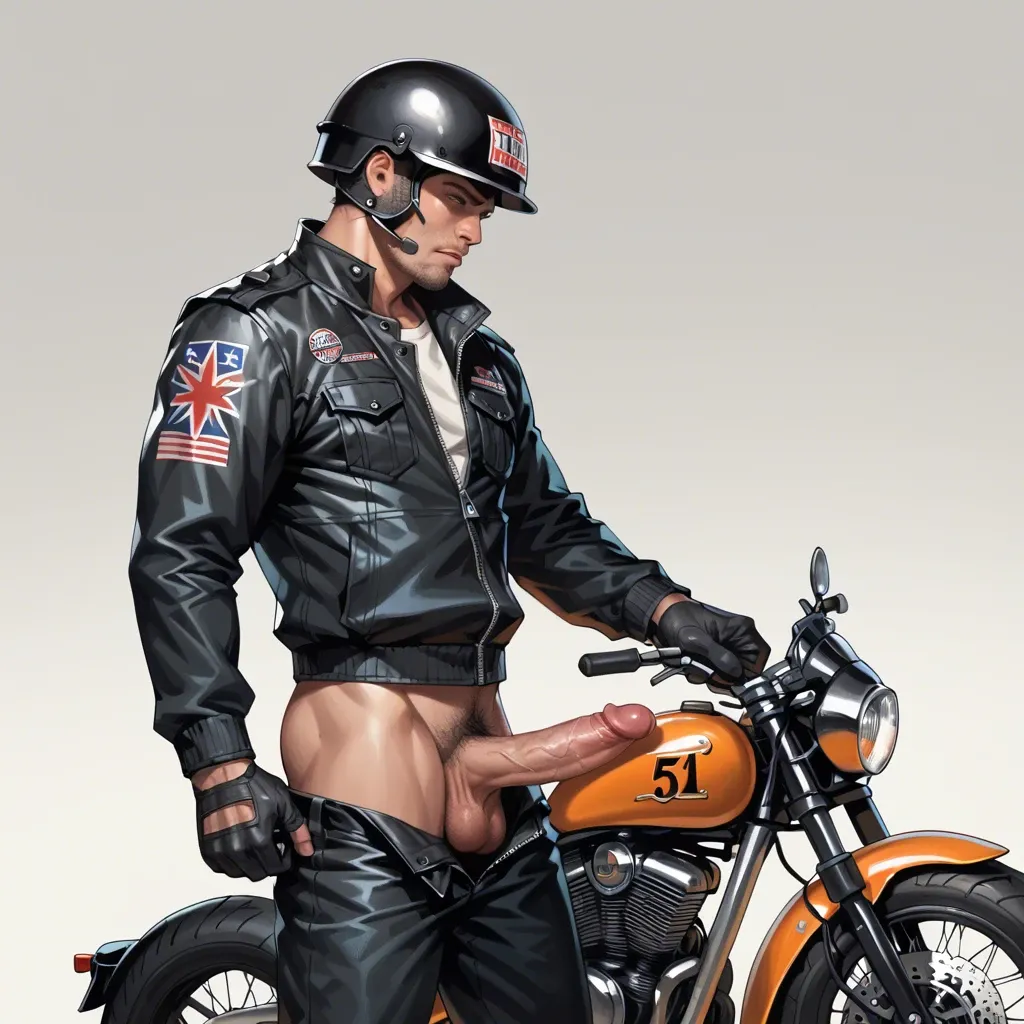 1 boy, motorbike helmet, big dick, dick, cock, balls, penis hair, gloves, pants, standing, detailed, grey background