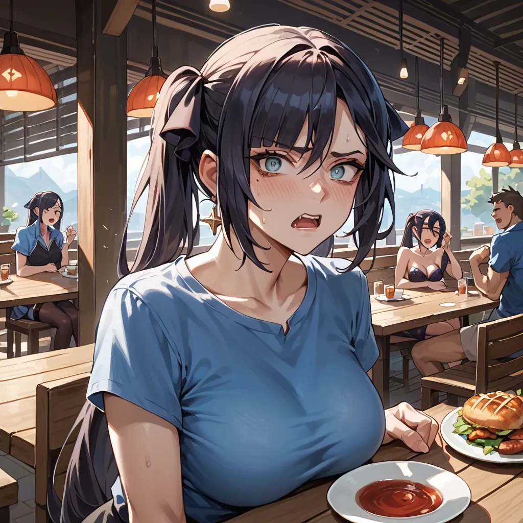 Mona from Genshin Impact, in a restaurant, annoyed , yelling at you, blue shirt,in casual clotheslifting her shirt to show her boobs, boobs out,revealing her boobs, showing her breasts to you, nervous face,embarassed, blushing, cute expression