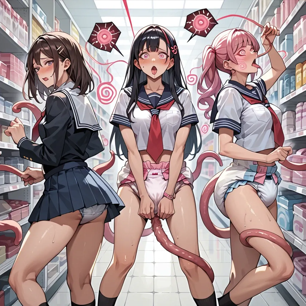 In a diaper, anime 3 girls hypnotize mind control, pink spiral regression of sperm, tentacles fucked in a diaper store in school uniform