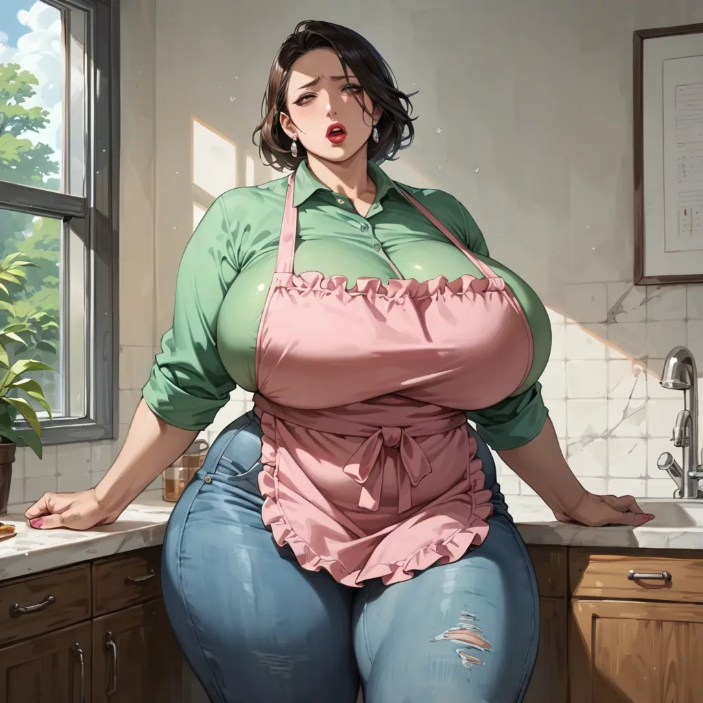 Kazami Torino , gigantic breasts , wide hips , thick thighs , plump, lipstick, light green shirt , pink apron , jeans