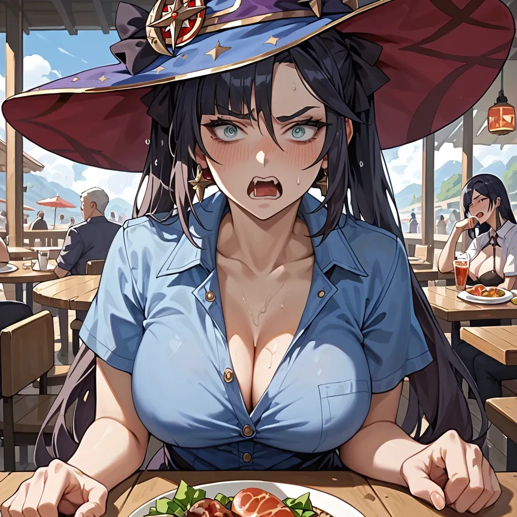 Mona from Genshin Impact, in a restaurant, annoyed , yelling at you, blue shirt,in casual clotheslifting her shirt to show her boobs, boobs out,revealing her boobs, showing her breasts to you, nervous face,embarassed, blushing, cute expression