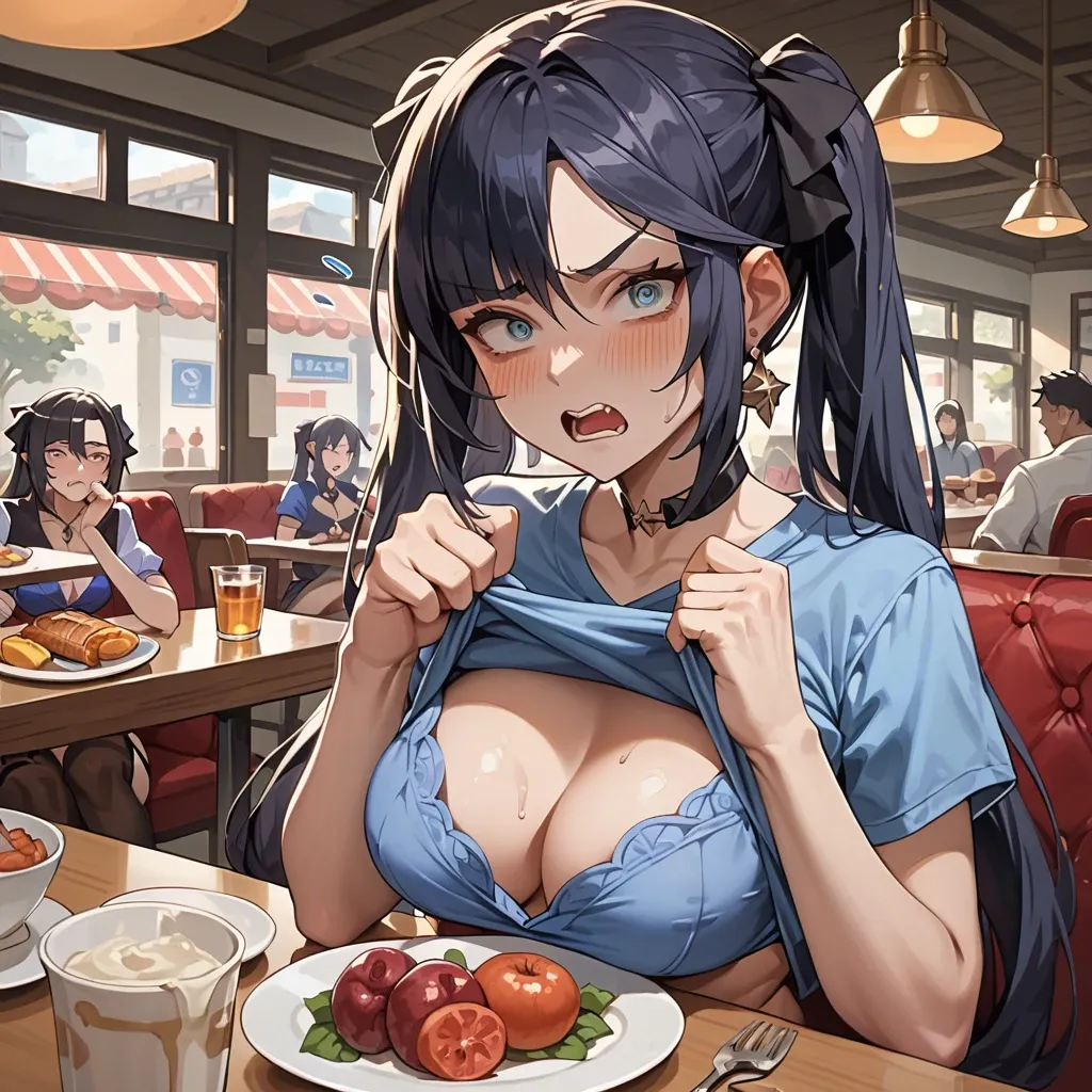 Mona from Genshin Impact, in a restaurant, annoyed , yelling at you, blue shirt,lifting her shirt to show her boobs, in casual clothes,boobs out,revealing her boobs, showing her breasts to you, nervous face,embarassed, blushing, cute expression