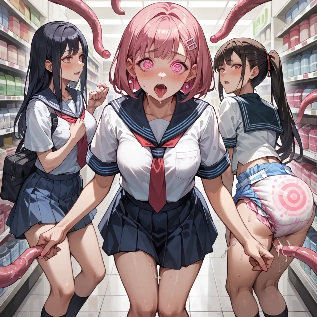 In a diaper, anime 3 girls hypnotize mind control, pink spiral regression of sperm, tentacles fucked in a diaper store in school uniform