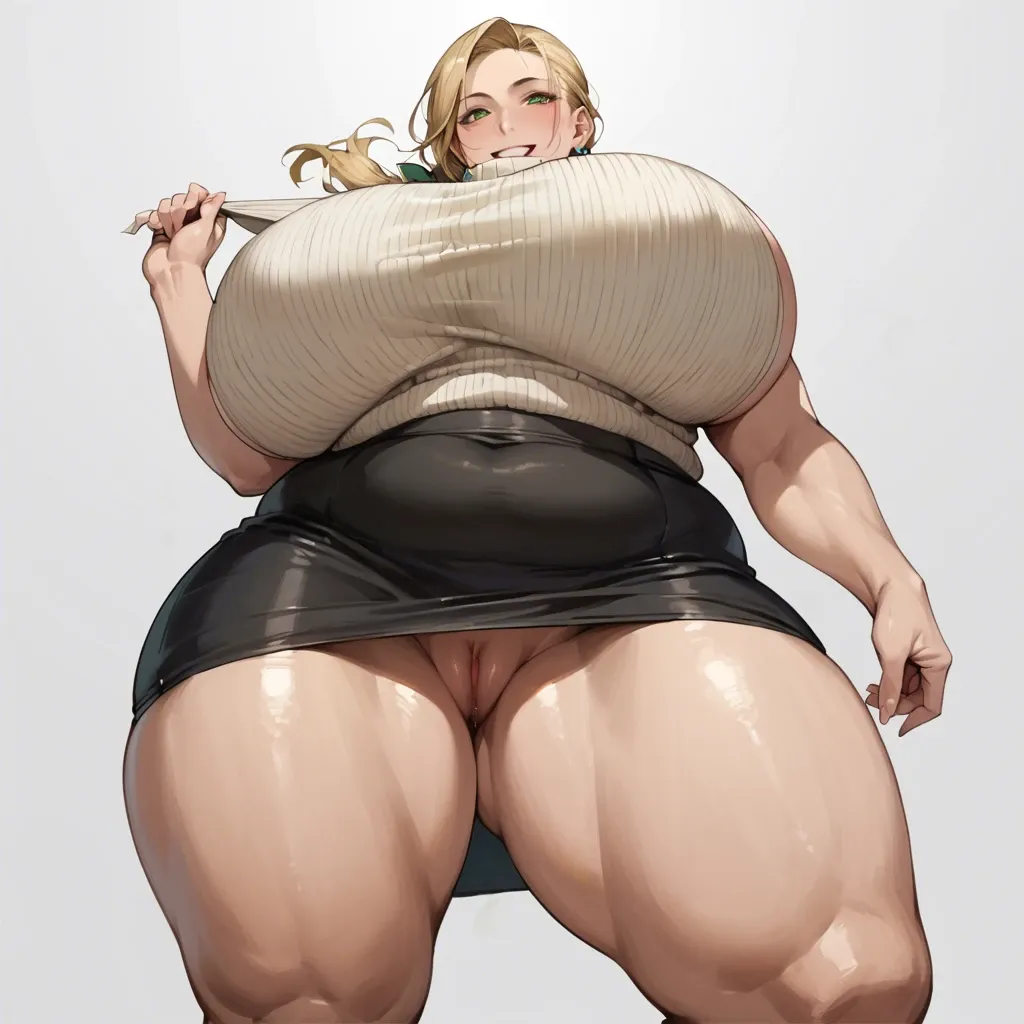 Detailed Art, Japanese Milf, low side ponytail, blonde, green eyes, gigantic breasts, wide hips, thick thighs, plump, sleeveless sweater, black skirt, smiling