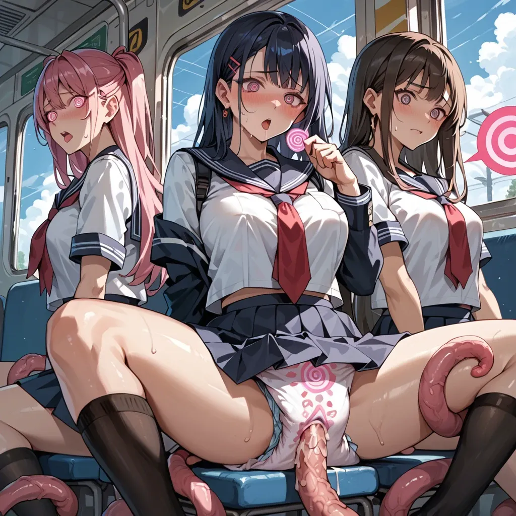 In a diaper, anime 3 girls hypnotize mind control, pink spiral regression of sperm, in school uniform fuck tentacles in a train