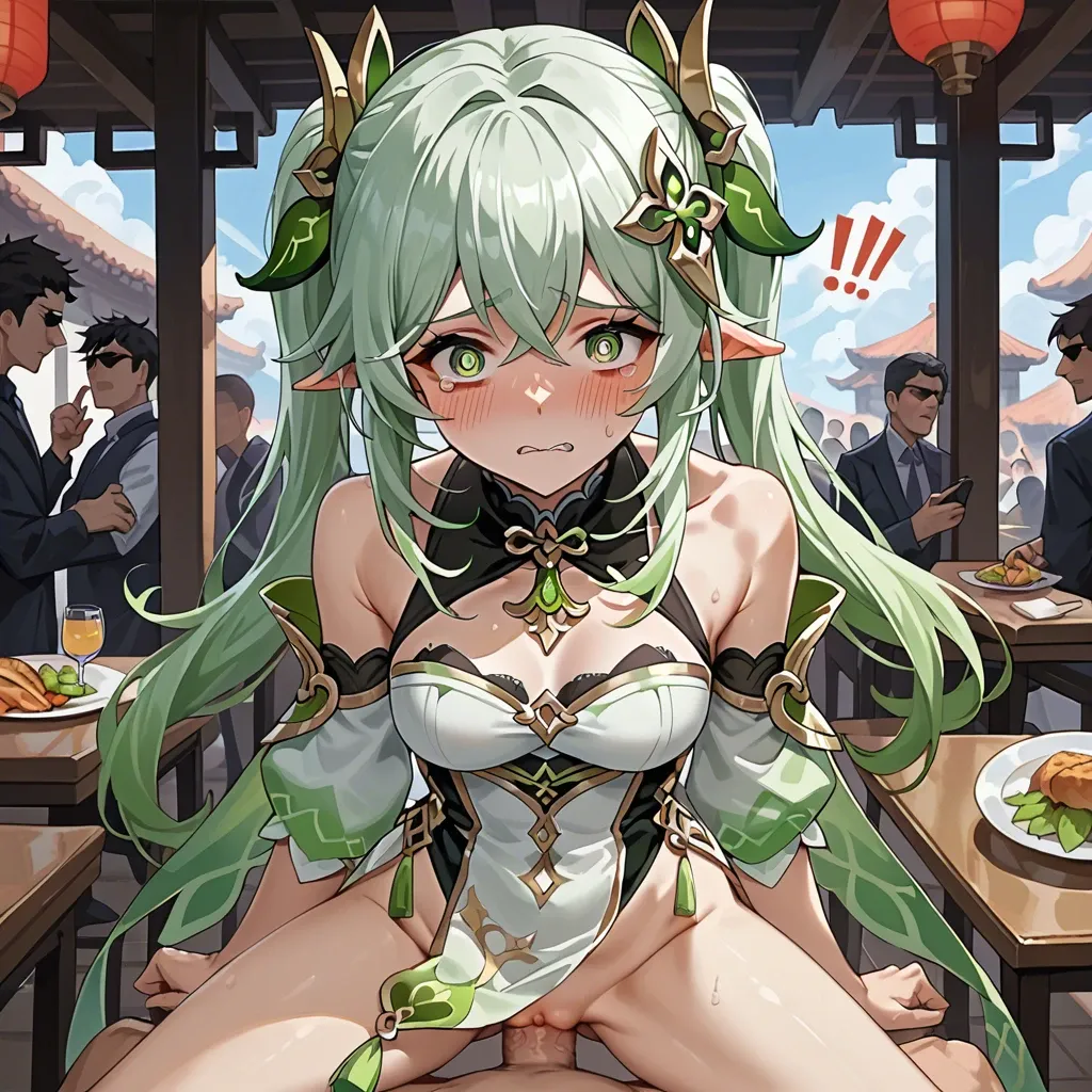 nahida from Genshin Impact, in a chinese restaurant, scared face, in panic,looking at you, talking at you, tvaginal penetration,crowd watching, embarassed face, looking at me, embarassed face, blushing a ton