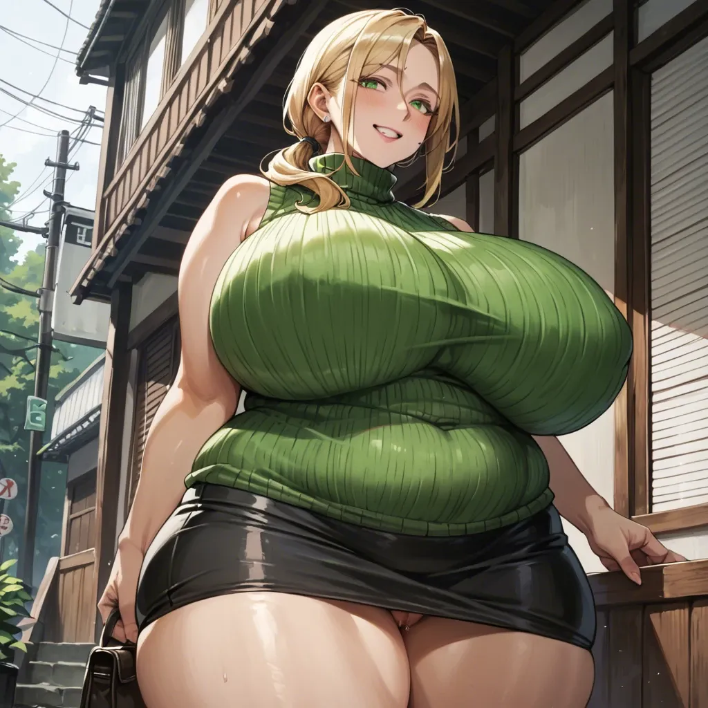 Detailed Art, Japanese Milf, low side ponytail, blonde, green eyes, gigantic breasts, wide hips, thick thighs, plump, sleeveless sweater, black skirt, smiling