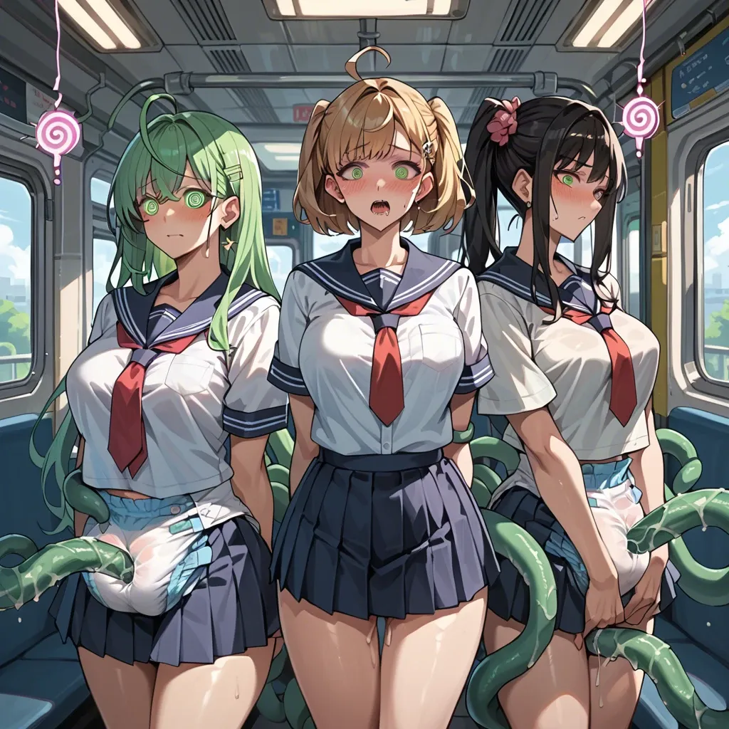 In a diaper, anime 3 girls hypnotize mind control, green spiral regression of sperm, in school uniform fuck tentacles in a train