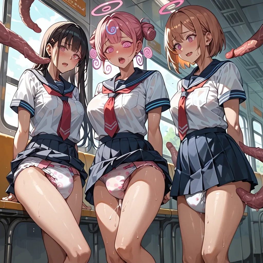 In a diaper, anime 3 girls hypnotize mind control, pink spiral regression of sperm, in school uniform fuck tentacles in a train