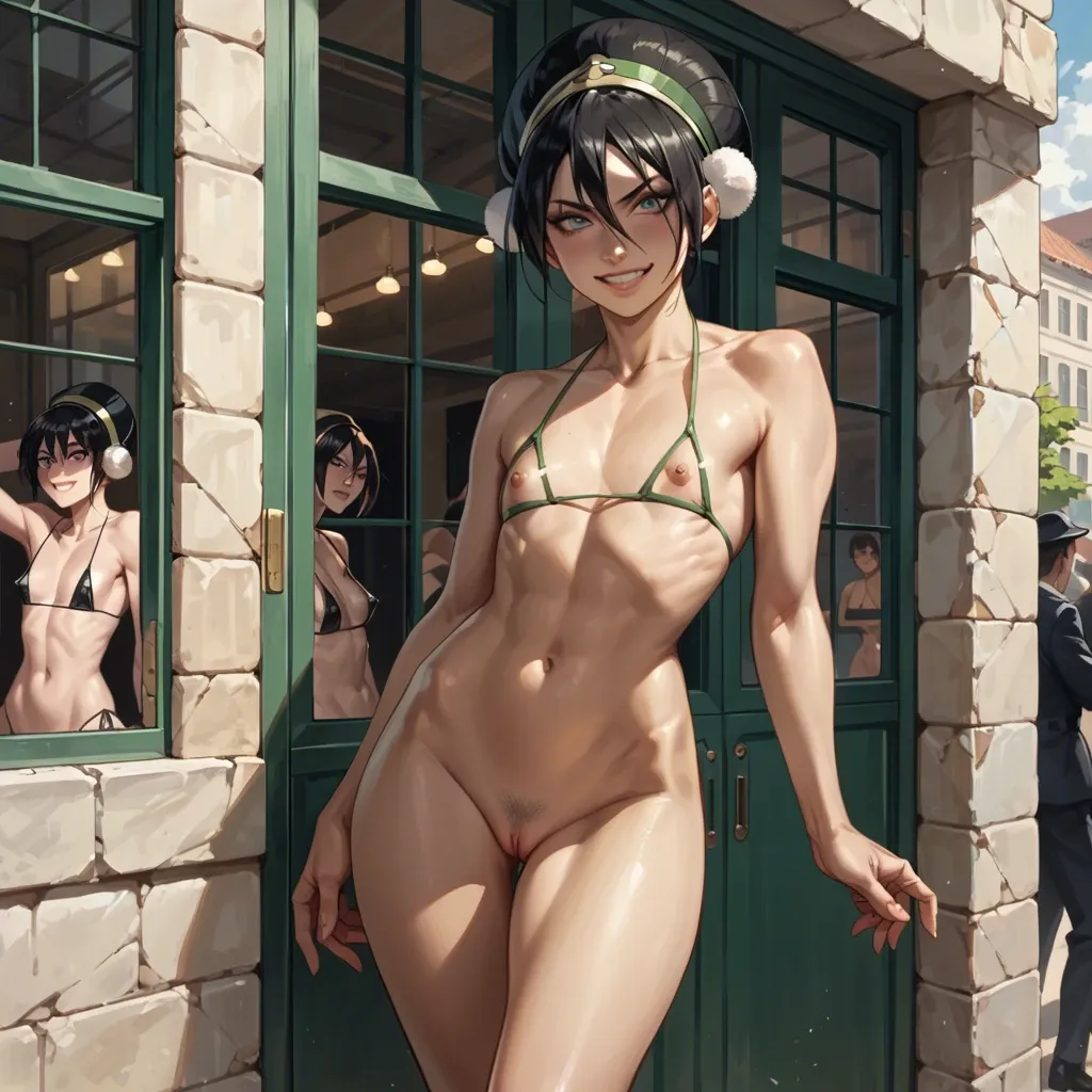 Toph beifong, flat chested, nude, smiling, string bikini, latex, green, nipple windows, vagina window, showing off body, sexy legs, sexy feet, sexy pose, curvy pose, public setting, people looking,