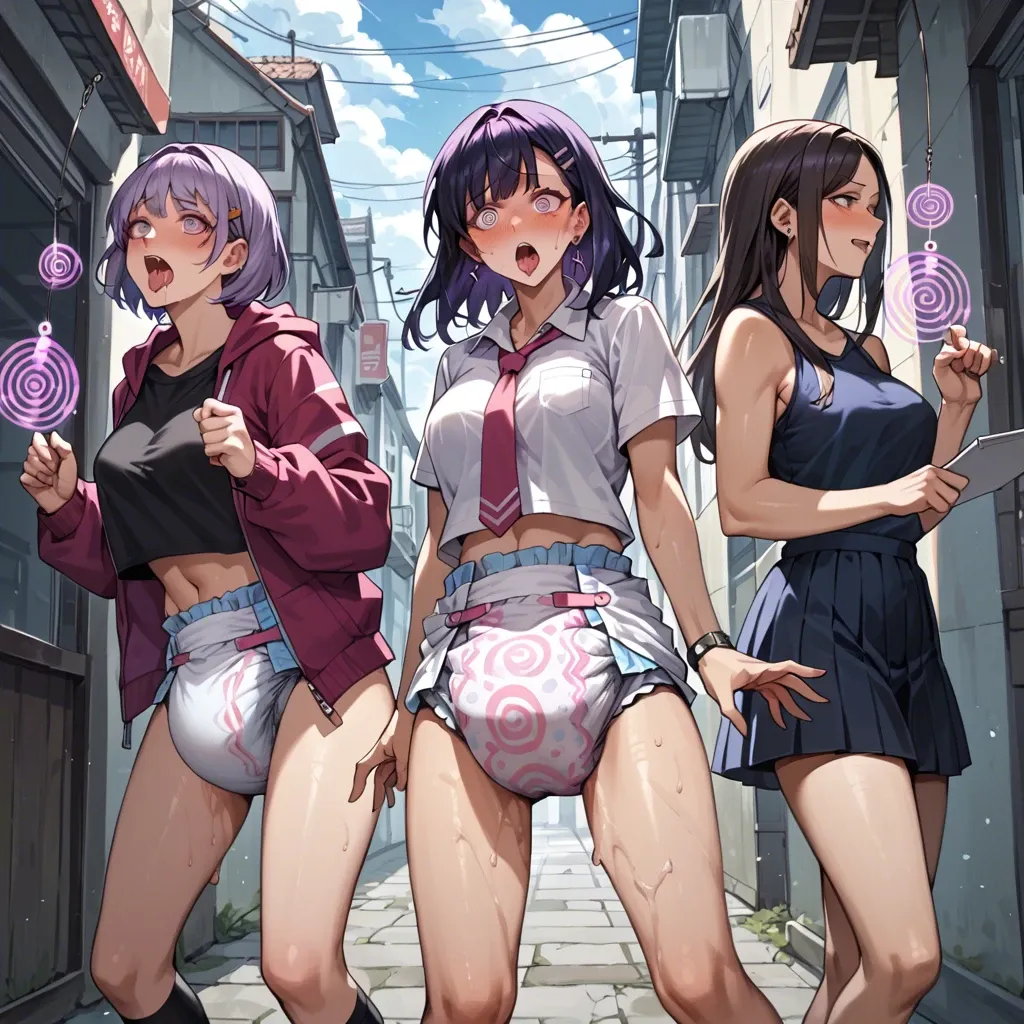 In a diaper, 3 girls anime under hypnosis", "Mind control", "purple spiral regression of spermatozoa", "tentacles fucked at school in the street