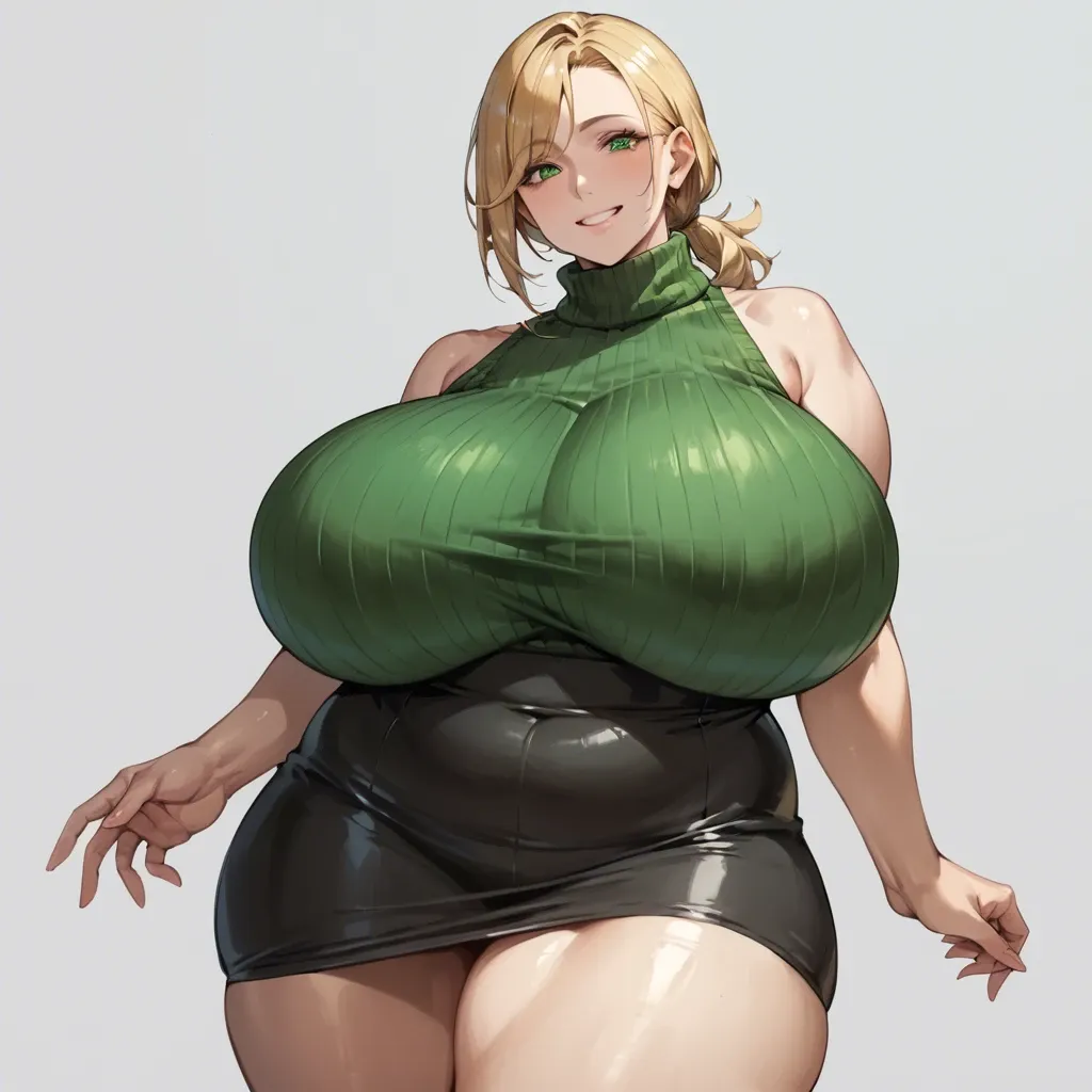 Detailed Art, Japanese Milf, low side ponytail, blonde, green eyes, gigantic breasts, wide hips, thick thighs, plump, green sleeveless sweater, black skirt, smiling