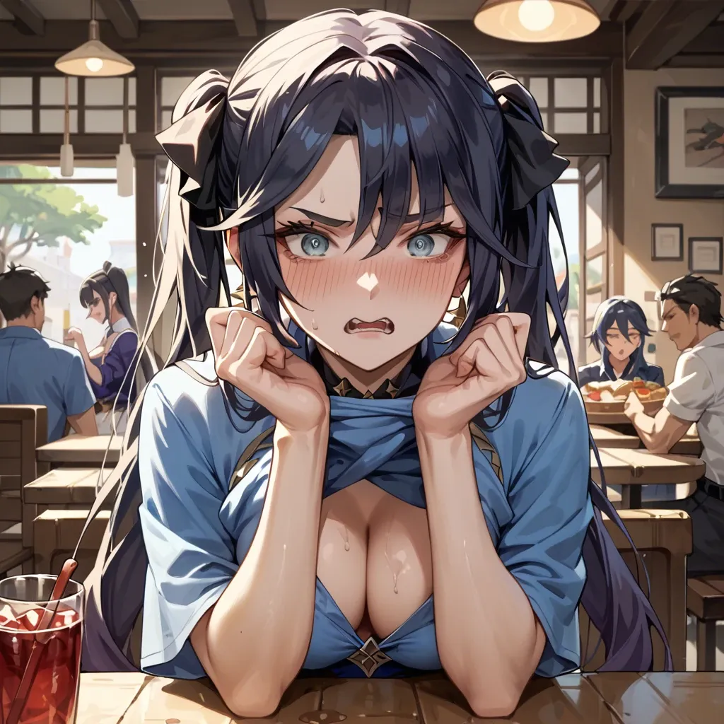 Mona from Genshin Impact, in a restaurant, annoyed , yelling at you, blue shirt,lifting her shirt to show her boobs, in casual clothes,boobs out,revealing her boobs, showing her breasts to you, nervous face,embarassed, blushing, cute expression