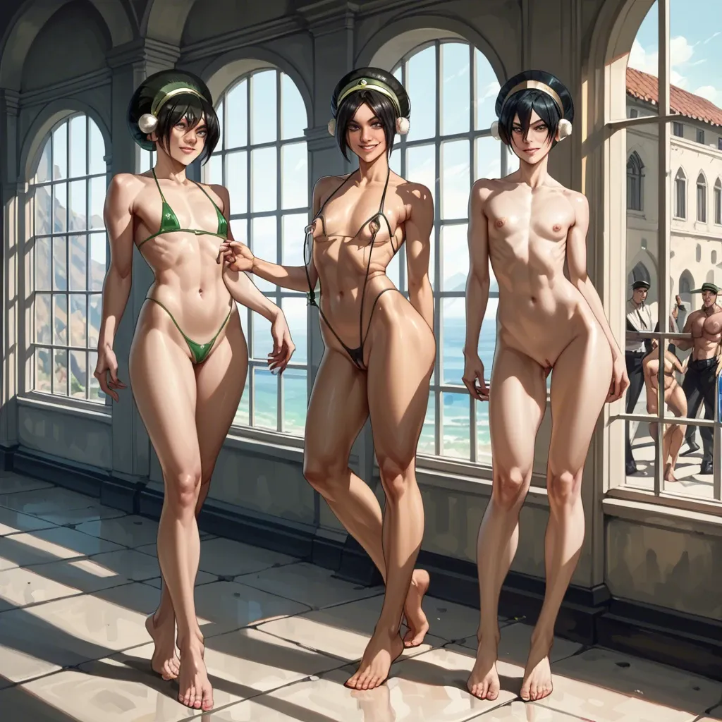 Toph beifong, flat chested, nude, smiling, string bikini, latex, green, nipple windows, vagina window, showing off body, sexy legs, sexy feet, sexy pose, curvy pose, public setting, people looking,