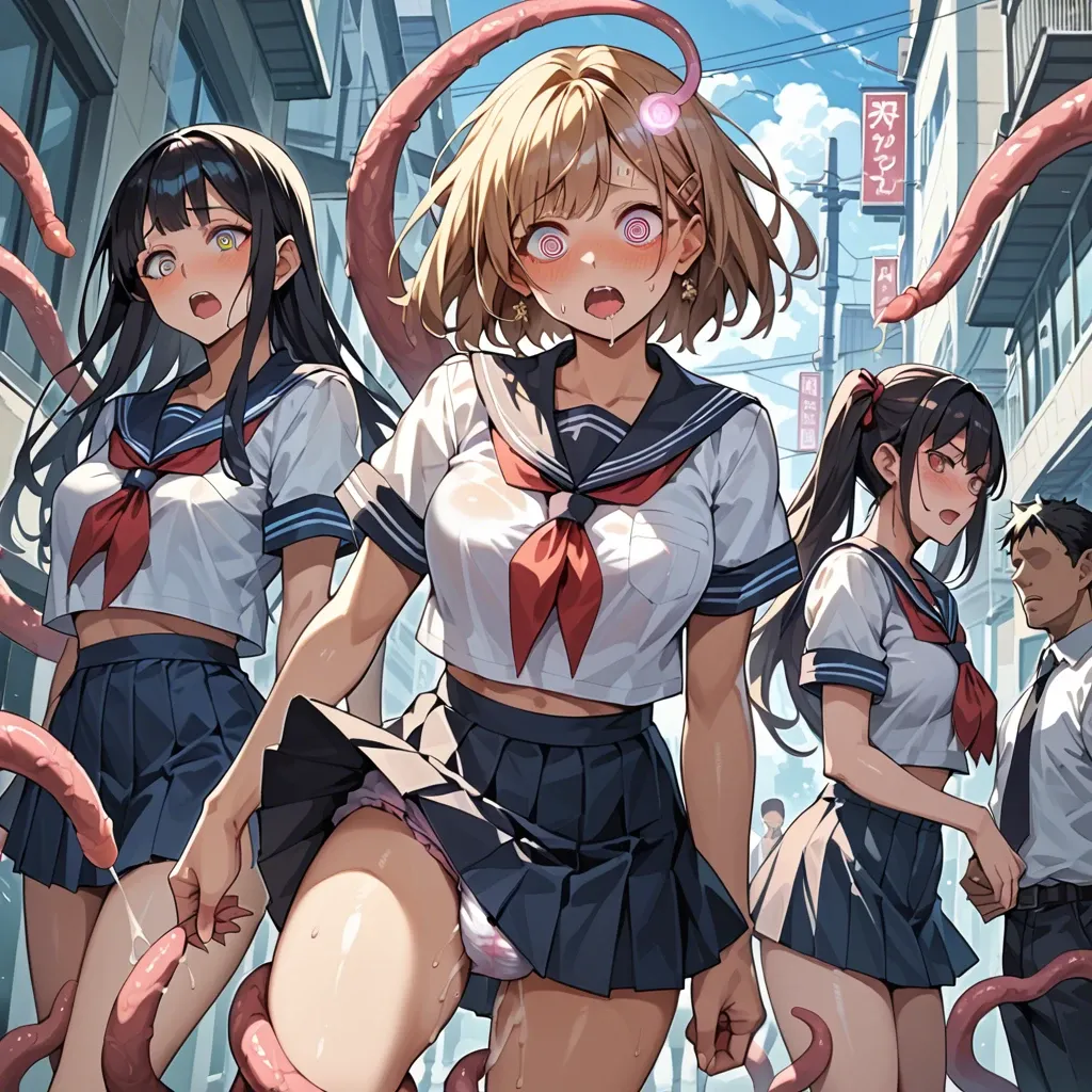 In a diaper, anime 3 girls hypnotize mind control, eyes spiral regression of sperm, in school uniform fuck tentacles in a public place