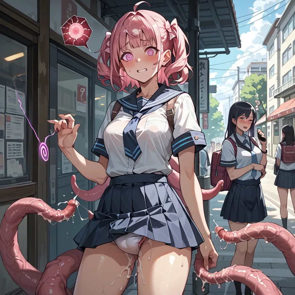 In a diaper, anime 3 girls hypnotize mind control, pink spiral regression of sperm, in school uniform fuck tentacles in a public place