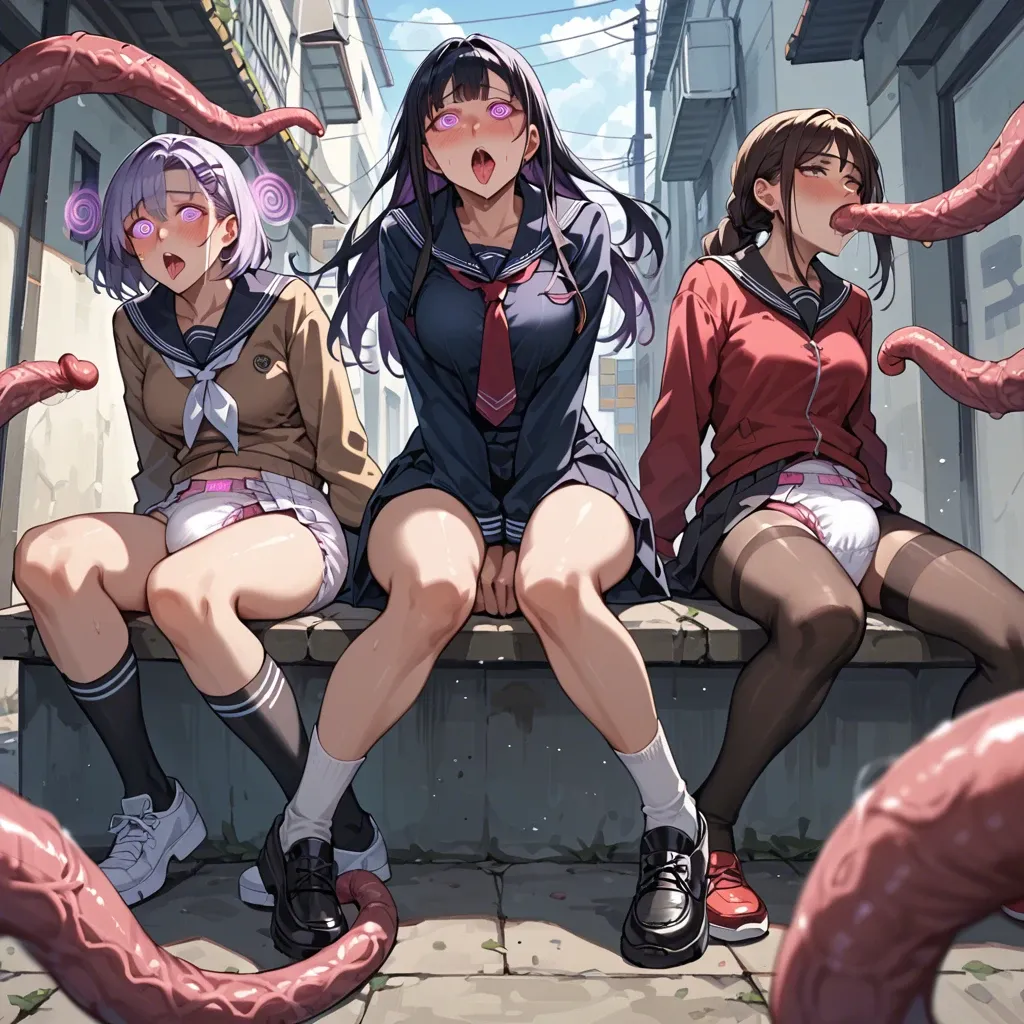 In a diaper, 3 girls anime under hypnosis", "Mind control", "purple spiral regression of spermatozoa", "tentacles fucked at school in the street