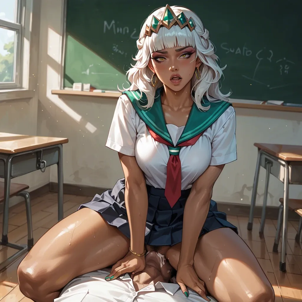 qiyana, school uniform, sitting on knees, pubic hair on face, puking cum, in the classroom