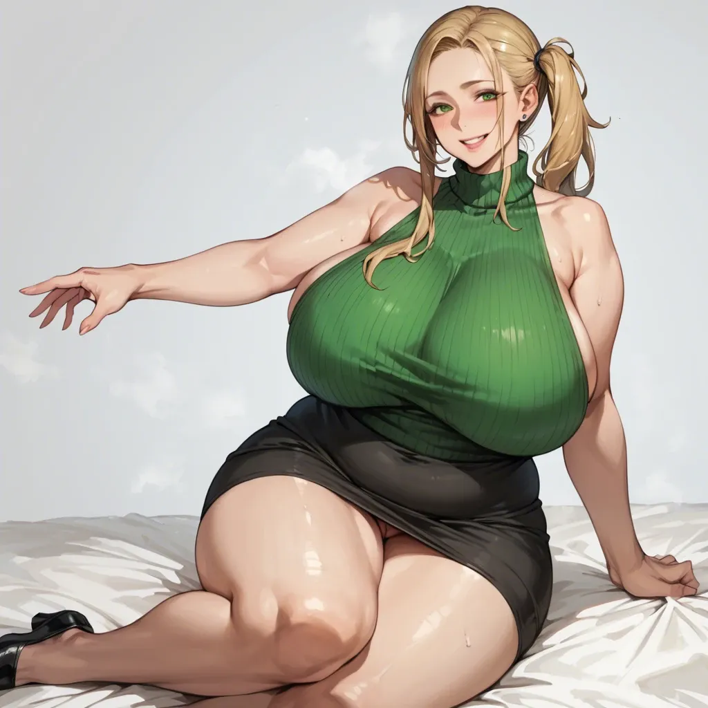 Detailed Art, Japanese Milf, loose side ponytail, blonde, green eyes, gigantic breasts, wide hips, thick thighs, plump, sleeveless sweater, black skirt, smiling