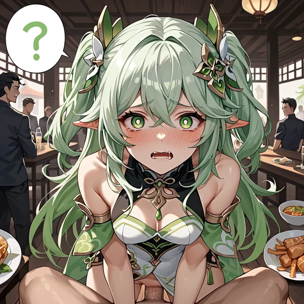 nahida from Genshin Impact, in a chinese restaurant, scared face, in panic,looking at you, talking at you, tvaginal penetration,crowd watching, embarassed face, looking at me, embarassed face, blushing a ton