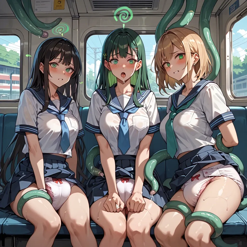 In a diaper, anime 3 girls hypnotize mind control, green spiral regression of sperm, in school uniform fuck tentacles in a train