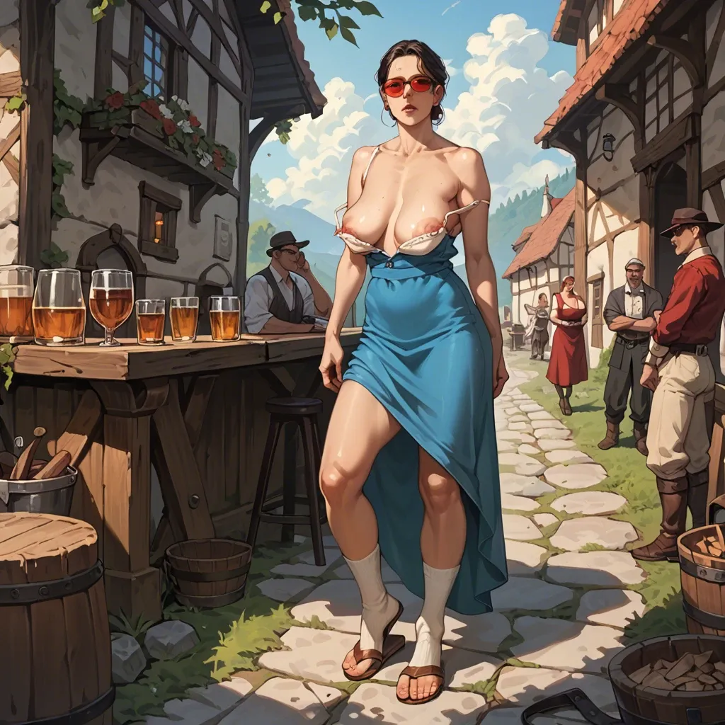 1girl,solo, , , , clear eyes,arm,big perky boobs,saggy breasts,standing male, dress,knee socks,red sunglasses,loose bra,strappy sandals, office girl, at the river, medieval tavern, camera, anime screencap, bright sunlight, princess peach, spider-gwen, nami