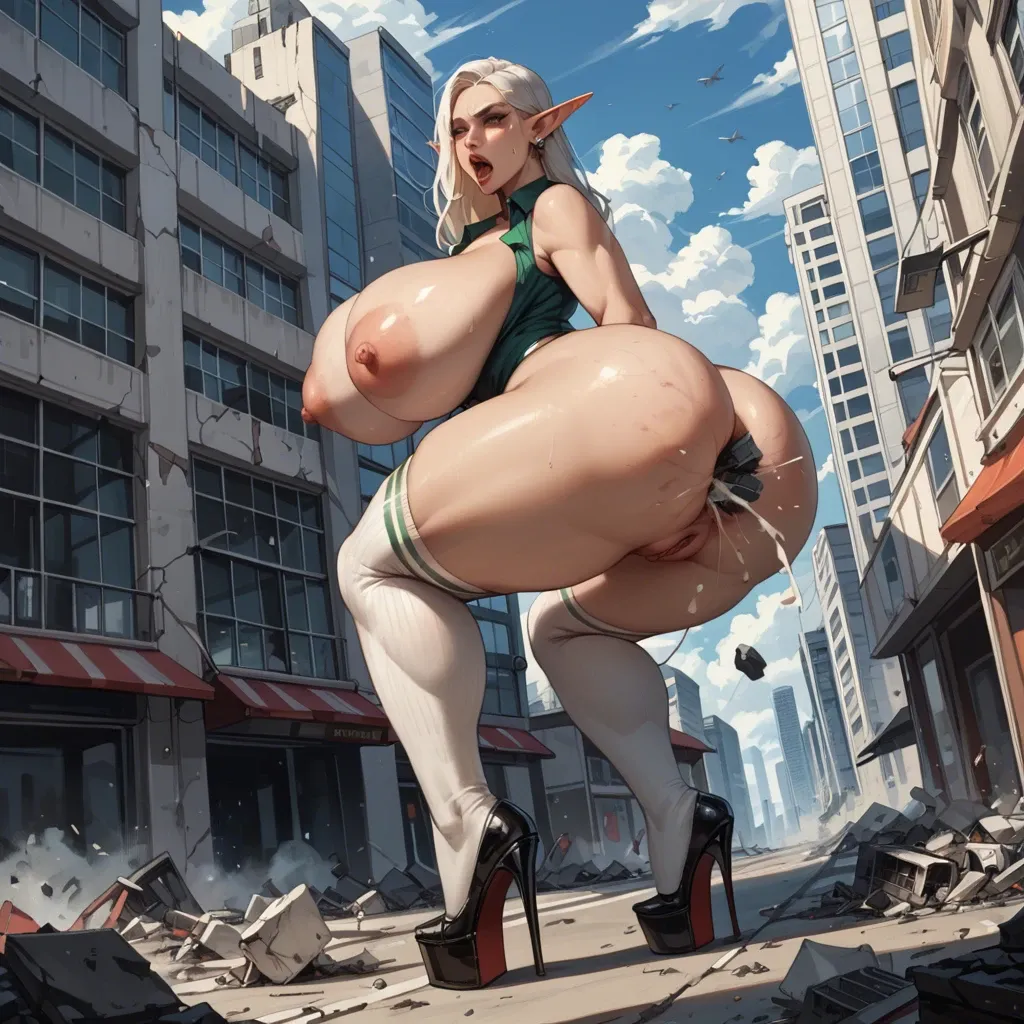 Female black elf,  giantess, high platform heels,high  socks, gigantic breats,city, breast expansion, thick thighs, destruction building, anal building