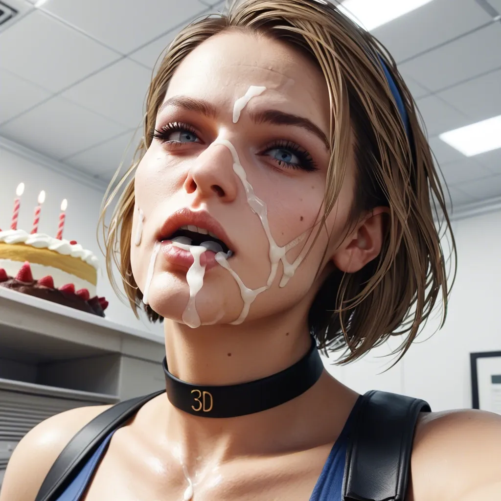 1girl, 3d, jill valentine blonde,taker view,office,jill blonde,fringe cum on face,face close-up,choker,blowing,bright face,Hairband,blowing candel,cake,birthday,