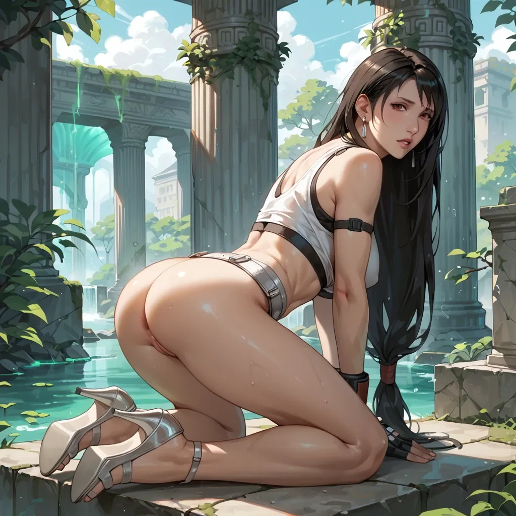 "Tifa Lockhart, alone, Forgotten City, stone pillars, teal glowing water, white miniskirt, silver open-toe stilettos, kneeling, hips raised high, buttocks and legs in foreground, heels on moss, leaning forward, head tilted back, sultry expression, long hair down back, ethereal light, ancient ruins, NSFW, pornographic pose, high detail, cinematic lighting."