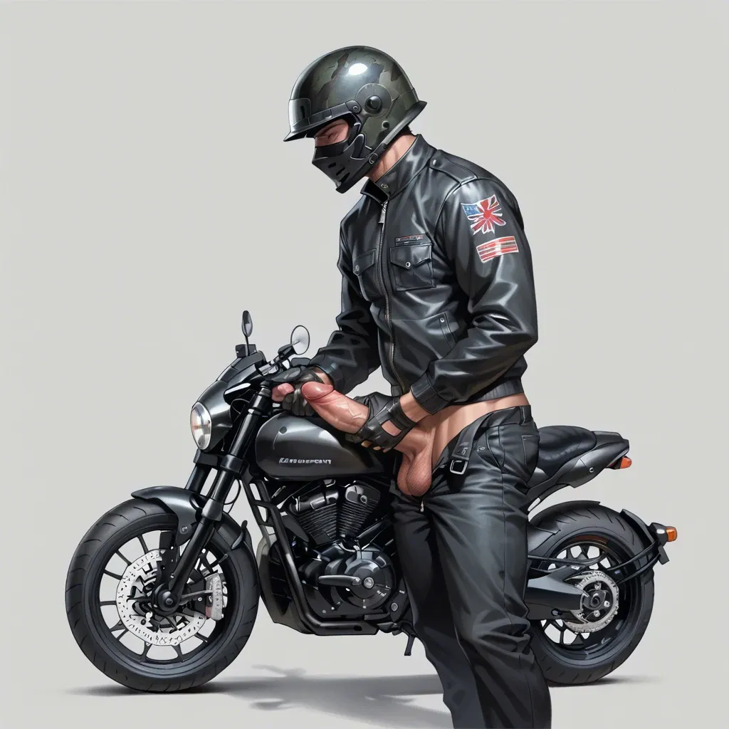 1 boy, motorbike helmet, big dick, dick, cock, balls, penis hair, gloves, pants, masturbating, standing, detailed, grey background