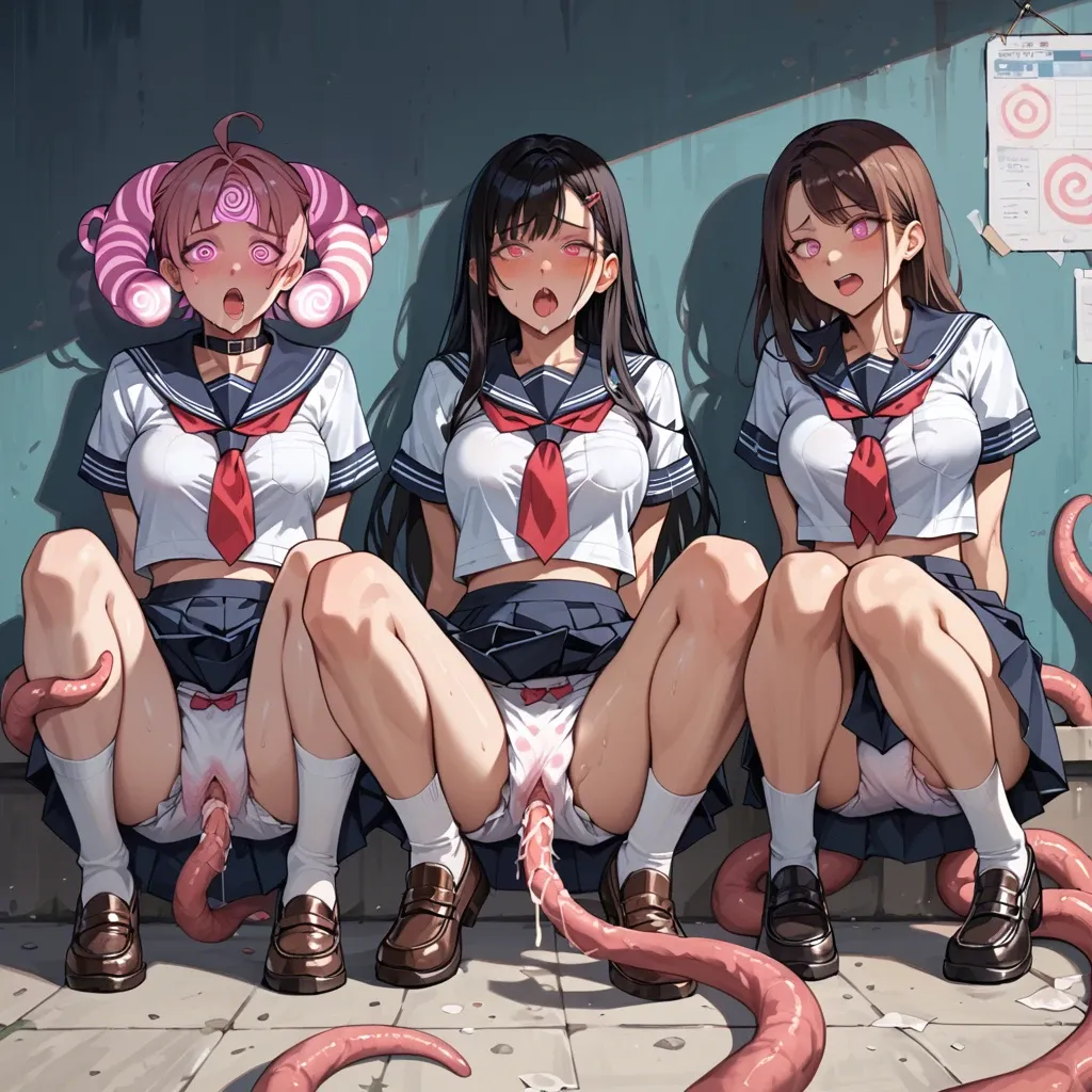 In a diaper,  anime  3 girls under hypnosis", "Mind control", "pink spiral regression of spermatozoa", "tentacles fucked in school uniform on the street