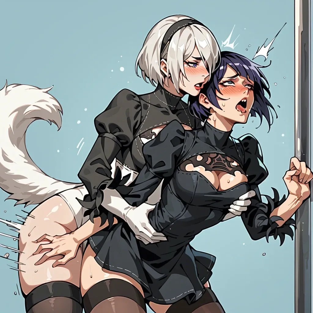 Futanari yorha 2b fucking kyoka jiro from behind,groping,plapping,blushing,moaning,gasping for air,fully clothed,furry